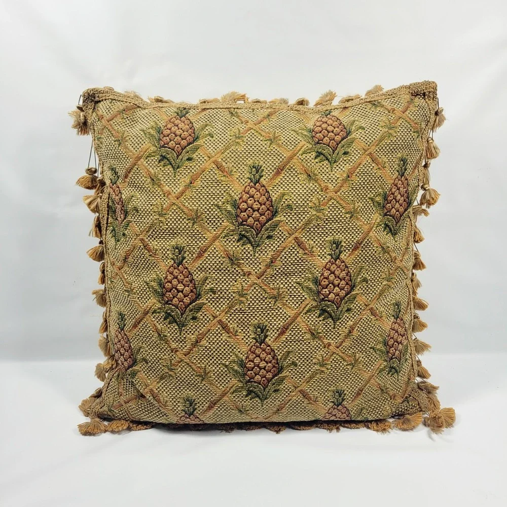 Vintage Woven Tapestry Pineapple Throw Pillow Gilded Age Grandmillennial Tassel